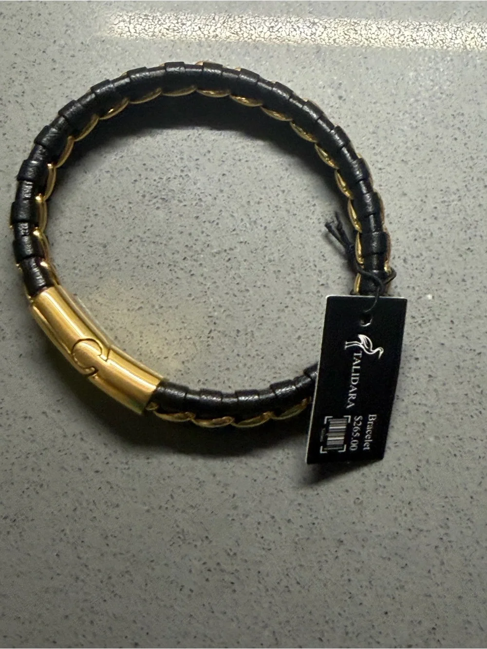 Talidara Braided Black Leather Bracelet with Gold Chain Accent 2 3/8 diameter